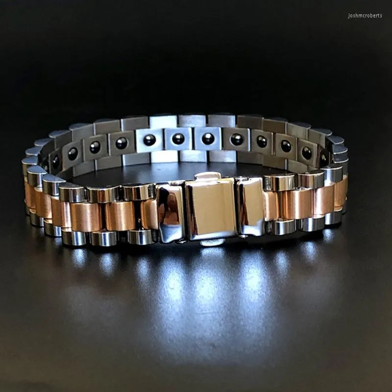 Link Armbänder Männer Gesundheit Strahlungsbeständig Magnetit Titan Stahl Uhr Armband Rose Gold Farbe Paar Magnetische