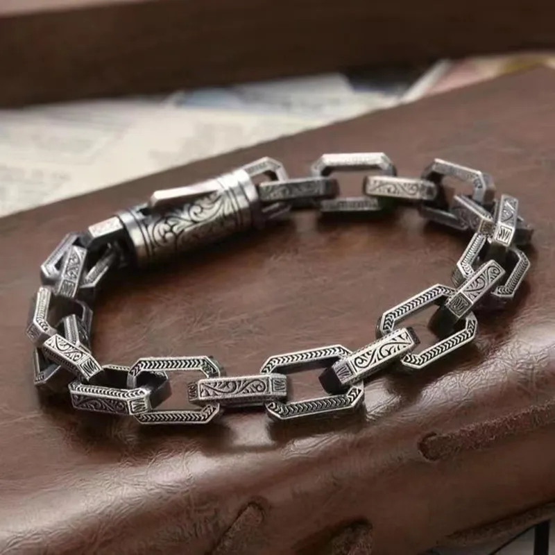 European and American Hip-hop S925 Sterling Silver Vine Grass Pattern Personalized Creative Design Retro Men's Bracelet Jewelry