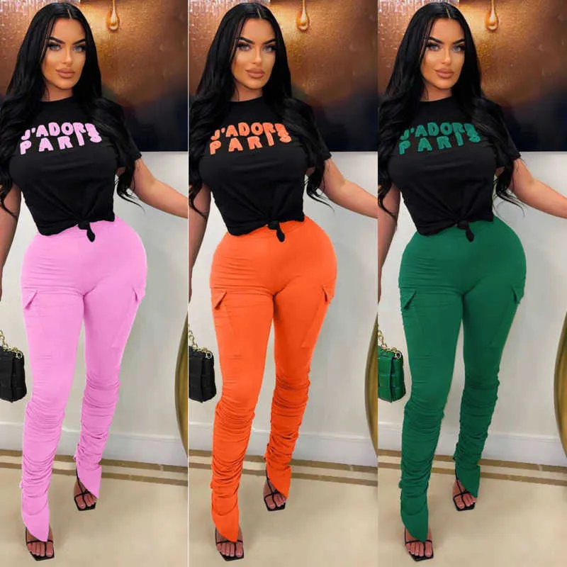 Partihandel Womens Designer Track Suit Casual Two Piece Set Pleated Split Pants Letter Tryckt Fashion Kort ärmfickor Truenter GRATIS frakt