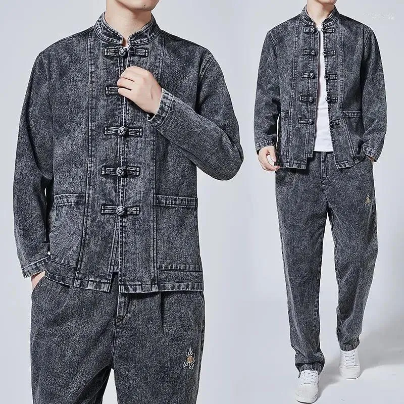 Survêtements pour hommes Denim Zhongshan Costume Hommes Printemps Et Automne Mode Casual Tang Style Chinois Manteau Rétro Deux Pièces Ensemble