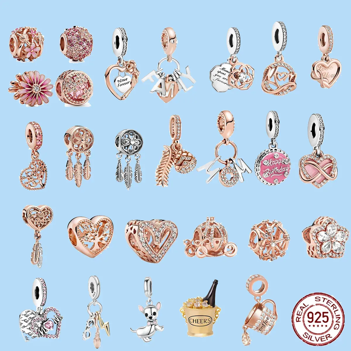 925 Sterling Silver Charms för Pandora smycken pärlor rosguldrosa tusensköna charms passar originalpärlor