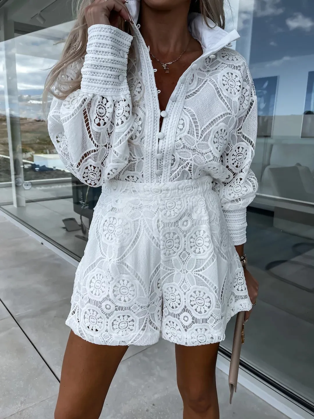 Women s Two Piece Pants Foridol Vintage Single Breasted White Lace Women Shorts Sets Spring Long Sleeve Casual Party 2 Pcs Outfits Femme Suit Summer