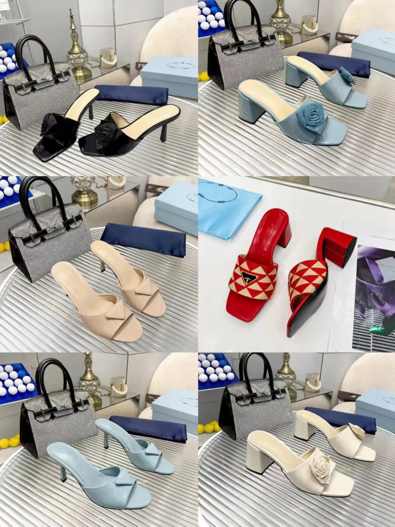 المصمم الكلاسيكي Slippers Women's Sandals Beach Leisure Lanquet Open Edge Bead Sandals Blue Box و Dust Bag Women’s High Cheels