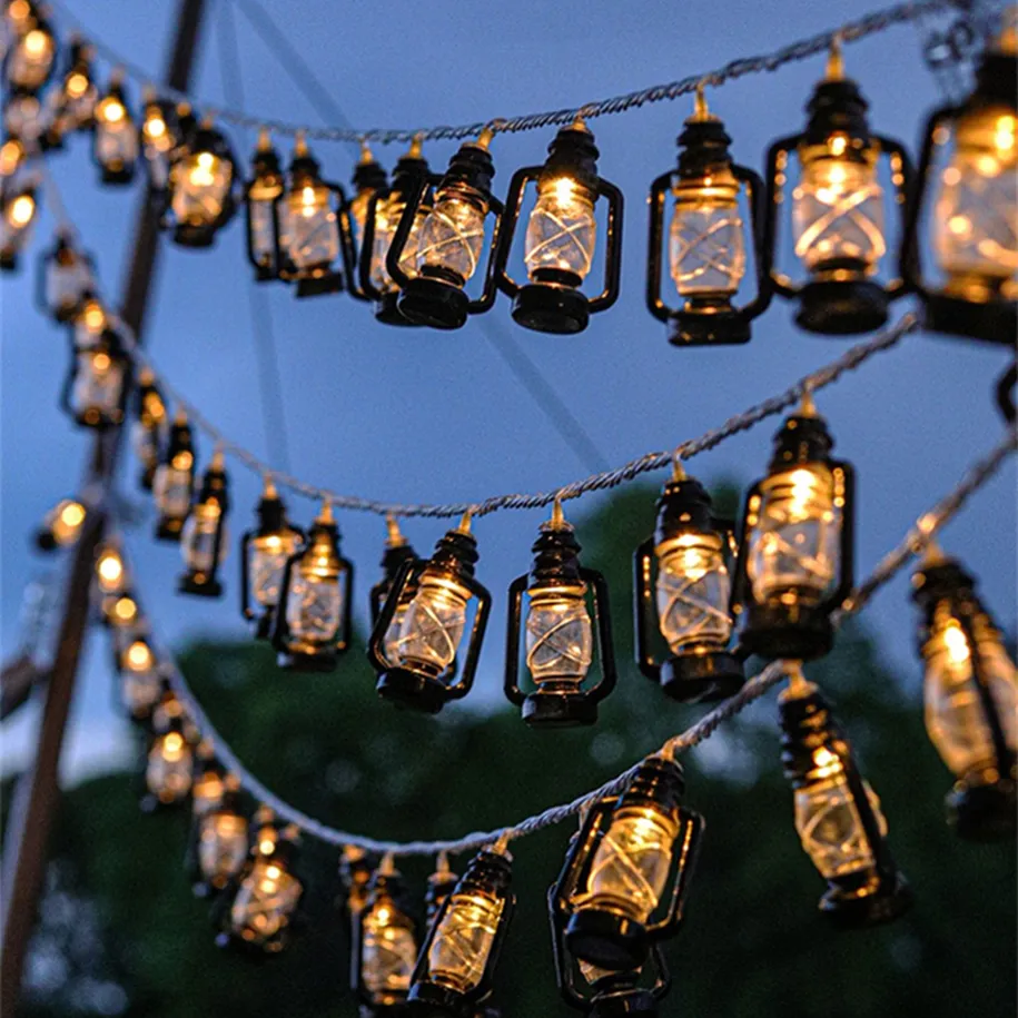 10m 80 LED Black Lantern String Lights Mini querosene Lâmpada para pátio externo Patio Holida de férias Casa Party Tree de Natal Ano Novo Camping (branco quente)