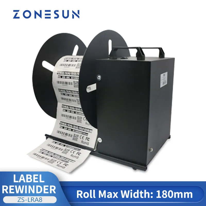 ZONESUN Machine à emballer Rebobineuse automatique d'étiquettes 180mm Code à barres Numéro de série Étiquette Reeler Autocollant Rebobineuse ZS-LRA8