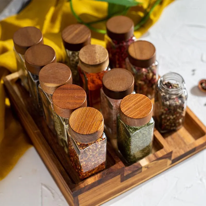 Storage Bottles 6pcs 120ml Wholesale Acacia Wood Cover Square Glass Jars Kitchen Seasoning Bottle Table Salt Flavor Spice Tea Coffee