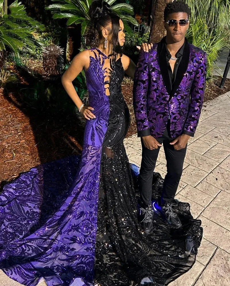2023 Plus Size Black and Purple Mermaid Prom Dress Sheer Neck Sleeveless Party Gown for Black Girls