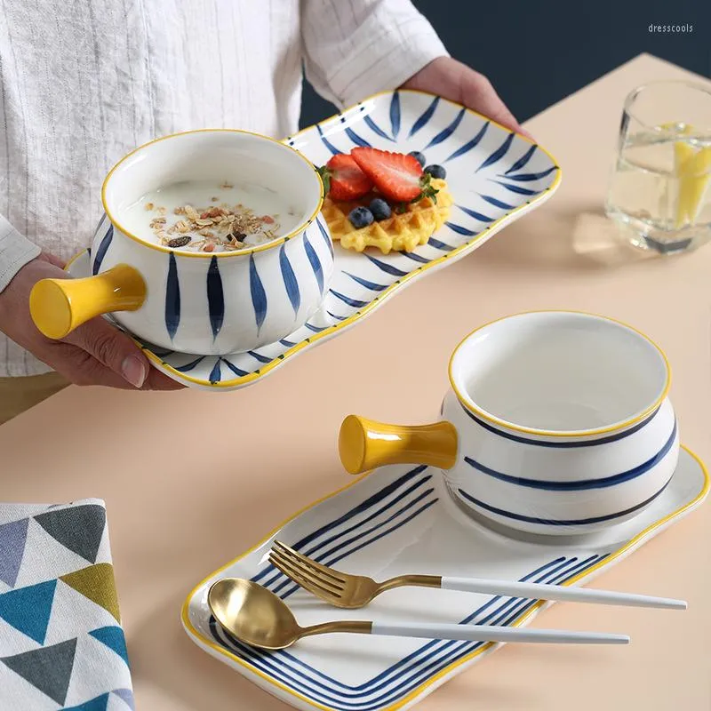 Borden klassieke abstracte kunst Japan ontbijtkom en schotelset met handgreep melkpot cake salade keramische plaat blad patroon