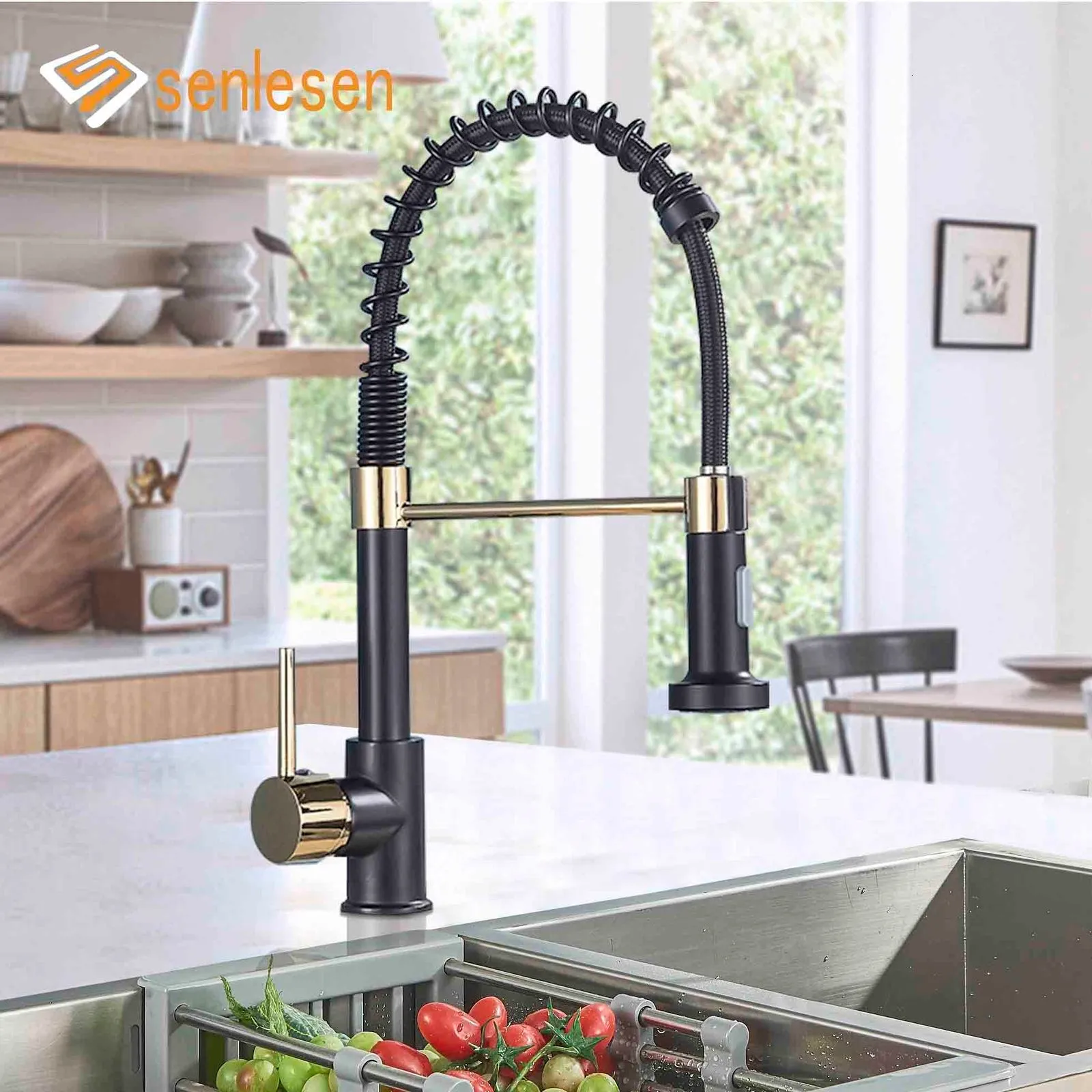 Rubinetti della cucina Senlesen Spring Faucet Black and Golden Double Water Modes Pull Down Single Hle Cold Mixer Lavello Rubinetto 230510