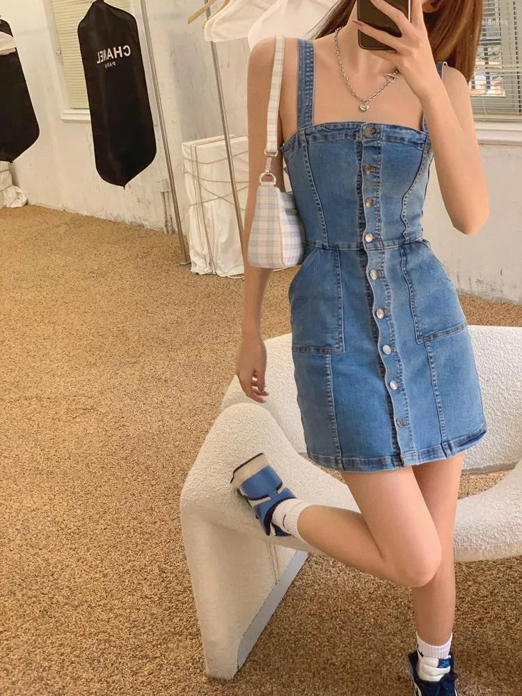 Single breasted spaghetti strap denim dress shop