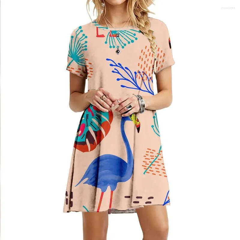 Flamingo Print Midi Dress For Girls Loose Fit Short Sleeves O