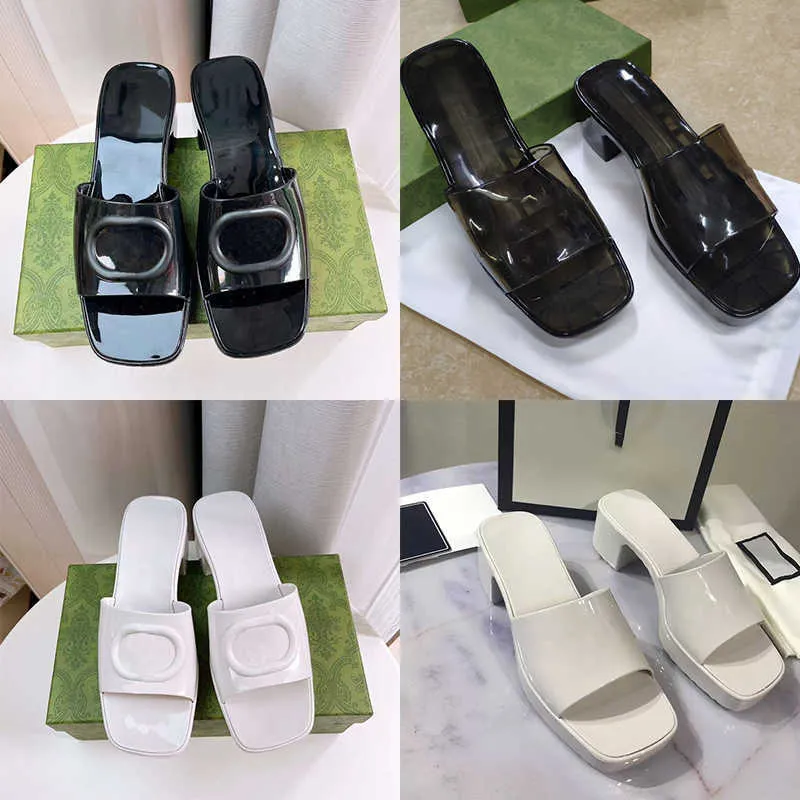 Luxury Women gummi Slide Sandal Designers Sandaler Chunky Platform Slippers Heel 6cm präglade klackgummisolar Summer Beach Flip Flops med Box No267