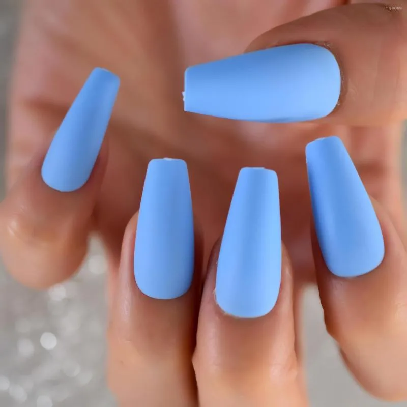 Matte Sky Blue Long Coffin Light Blue False Nails Press On Or Wear