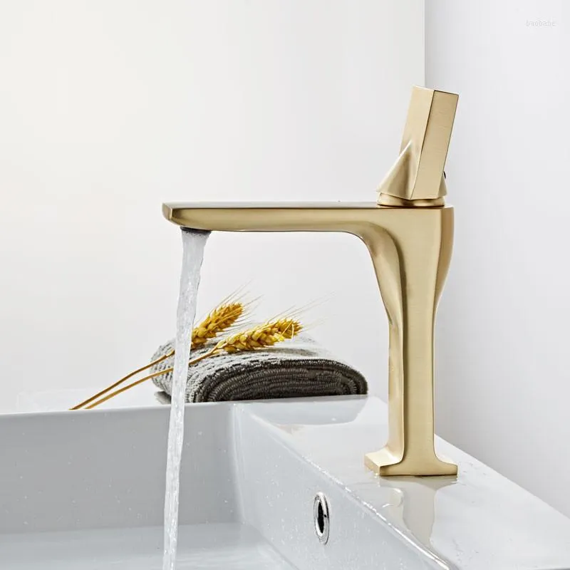 Bathroom Sink Faucets Brushed Gold Copper Creative Solid Brass Basin Mixer & Cold Single Handle Deck Mounted Lavatory Taps
