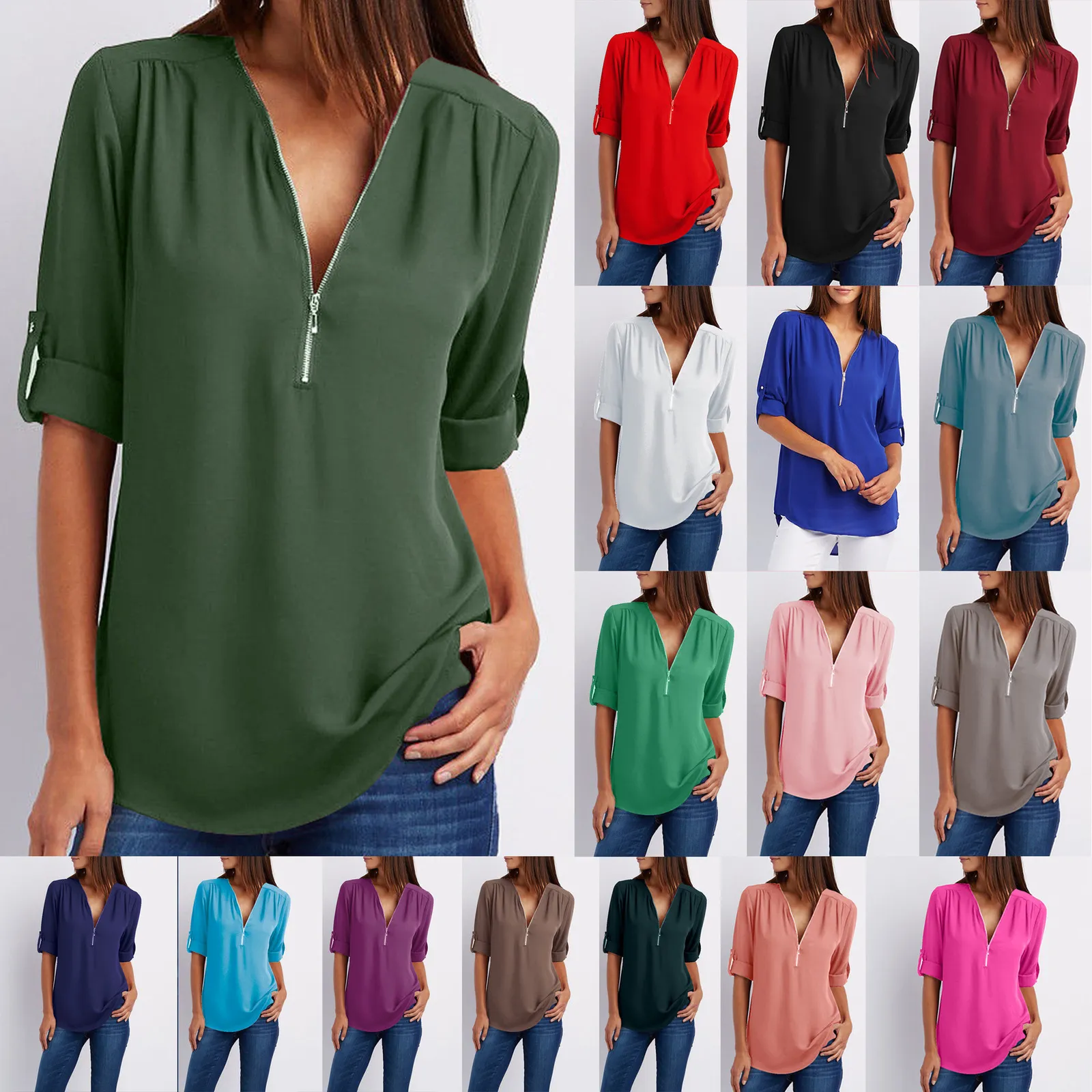 Casual V Neck Chiffon Women s Blouse Long Sleeve Breathable Top in Black White for Spring Fall