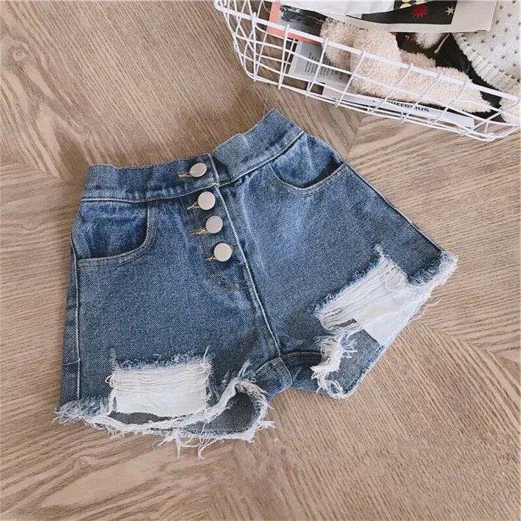 Shorts Baby Girl Short Jeans Pants Kids Girls Ripped Jeans Shorts Fashion Children Buttons Cowboy Pants 2 8 Years Kids Clothing 230512