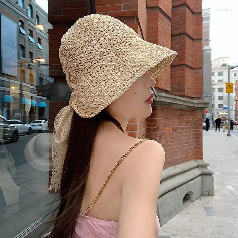 Cappelli a tesa larga Cappello di paglia con fiocco per donna Beach Designer Fashion Lace Sun Big Bucket Summer Caps