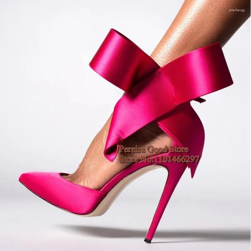 Fuchsia Satin Bow Pump Pointed Toe Ankle Strap Stiletto High Heels for Women Party Wedding and Special Occasions 2024