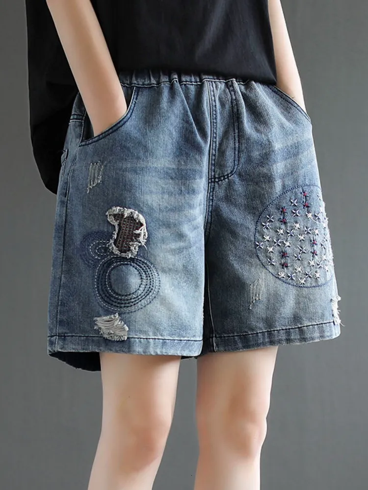 Women's Shorts Women's Denim Shorts Loose Embroidery Pattern Wide Short Elastic Waist Summer Shorts Jeans Clothing for Women 4xl 5xl 230512