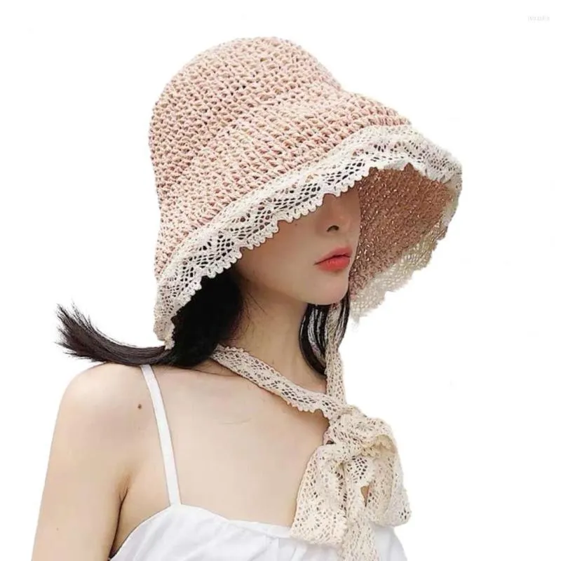 Cappelli a tesa larga Cappello da pescatore da donna Decoro in pizzo lavorato a maglia Tinta unita Protezione solare pieghevole Stile pastorale