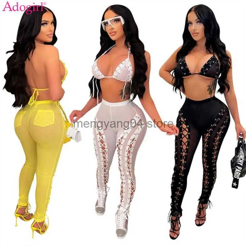 Tweedelige broek voor dames Adogirl Grommet Lace Up Sheer Mesh Tweed Piece Set Women Sexy Outfits Bra Top + Hollow Out Pencil Pants 2022 Zomerclubpak T230512