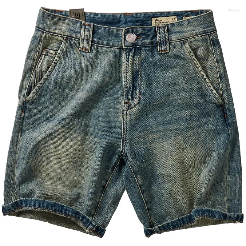 Heren jeans zomer zware Japanse tijstijl gereedschap heren losse rechte overzicht denim shorts medium broek