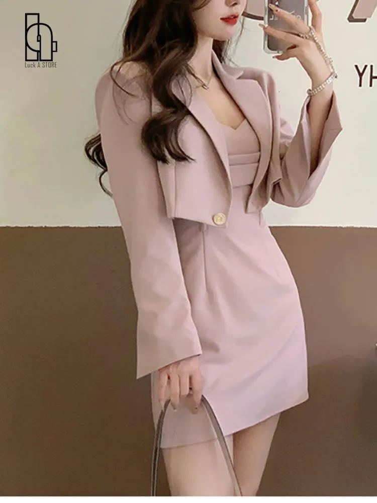 Pink Two Piece Dress Set: Elegant Blazer Coat & Strap... From Kong003,  $77.12