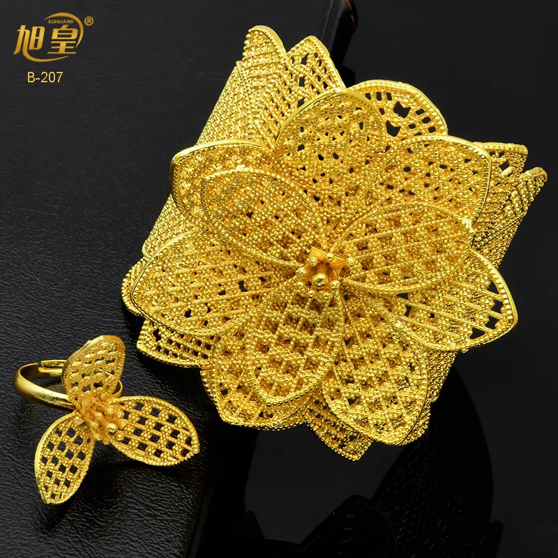 Charm Bracelets XUHUANG Dubai Flower Shape Plated Gold Bangles with Ring Indian Arabic Jewelry Nigerian Wedding Bridal Party Gifts 230511