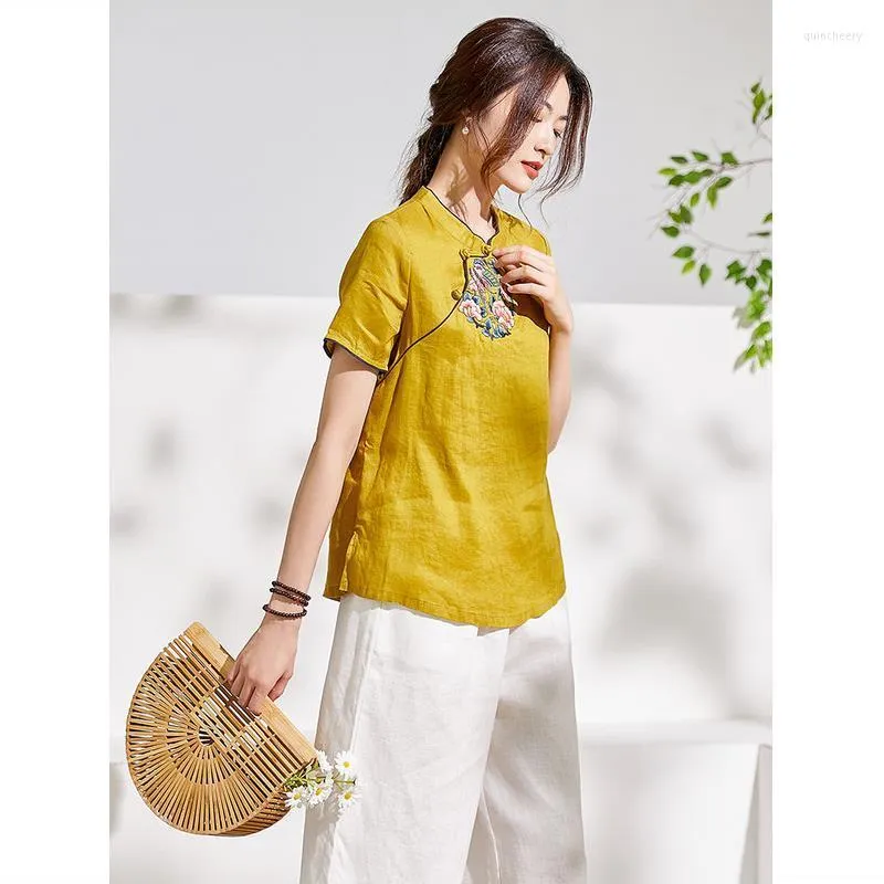 Women's Blouses Chinese Blouse Top Women Heavy Industry Linen Embroidery Button Up Short Sleeved Shirt Summer Retro Ethnic Female