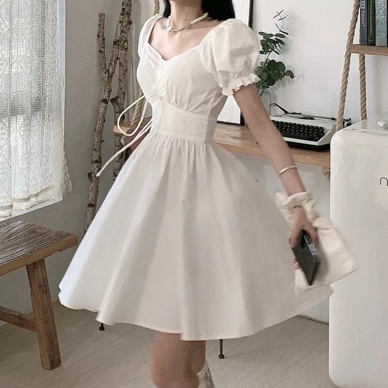 Повседневные платья Qweek Sweet White Pufk Flye платья женщины Mori Vintage Wrap Bodycon Короткие платья