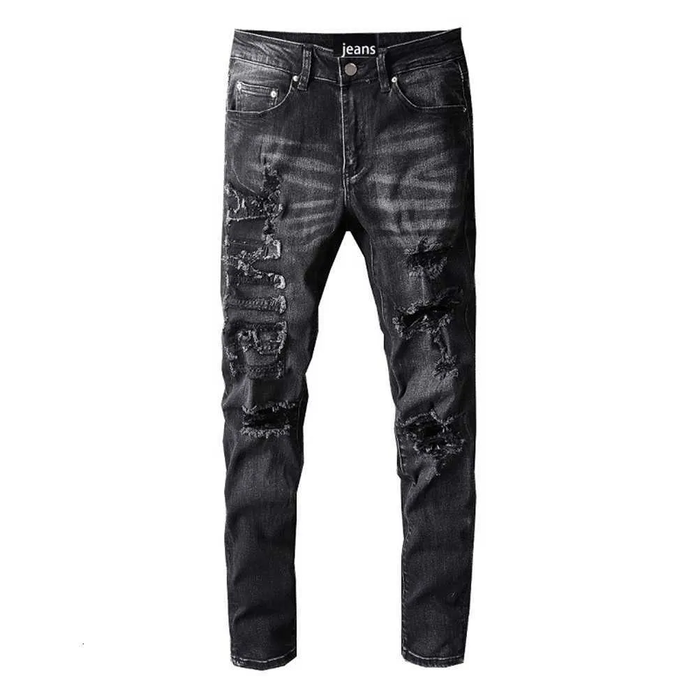 2023New Desigenr High Street Fashion Märke Jeans Mäns personlighetshål Breaking Trend Frayed Splicing Slim Leggings III9