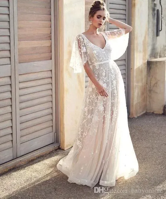 Boho Lace a line wedding dress - White, Backless, V-Neck, Floor Length - Perfect for Beach or Summer - New BC2836
