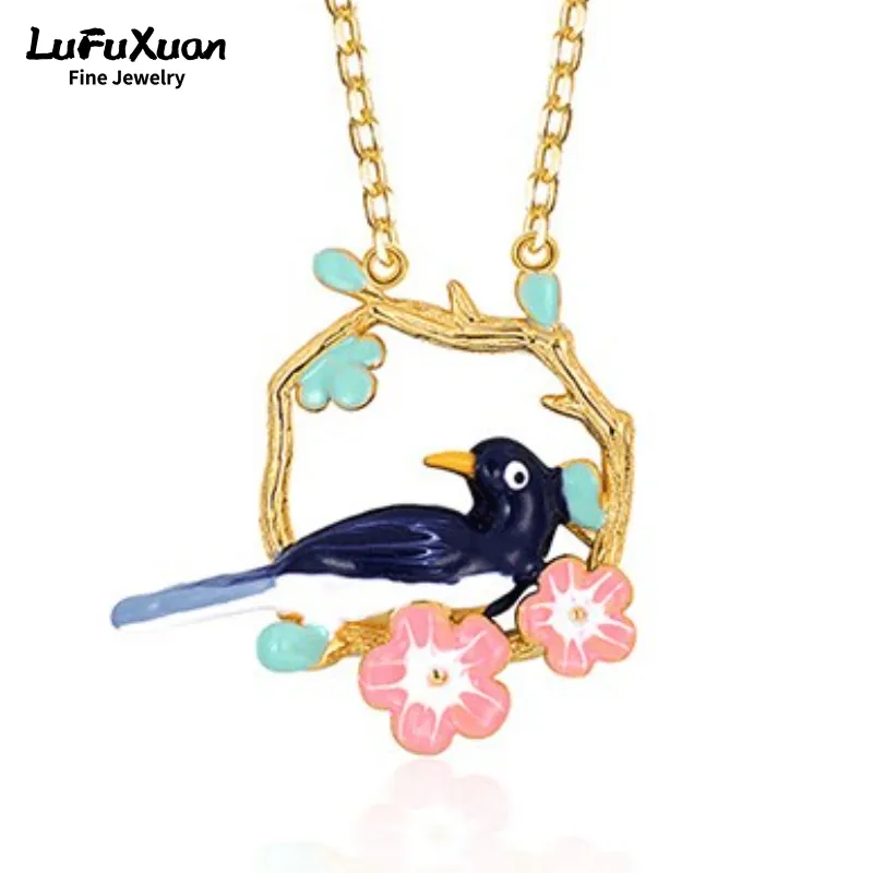 LuFuXuan Sterling Silver S925 Low Temperature Enamel Brushed Magpie Pendant Necklace Clavicle Chain Birthday and Holiday Gift