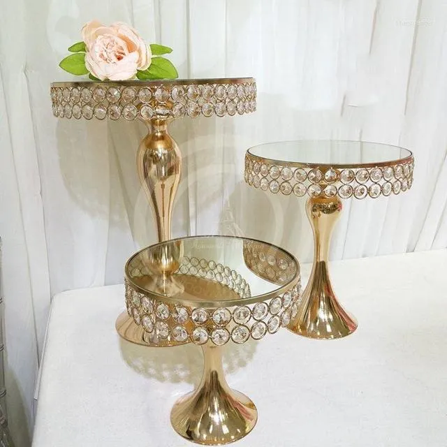 Vases 3 pièces/ensemble) vente support de gâteau supports de Cupcake avec dessus de miroir joli plateau or argent outils de diamant pour l'anniversaire de mariage