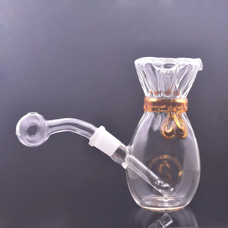 Nuevo diseño Hookah Beaker Glass Oil Burner Bong Water Pipes Material grueso para fumar Money Bag Forma Hand Smoking Water Pipe con 14mm Male Glass Oil Burner Pipe
