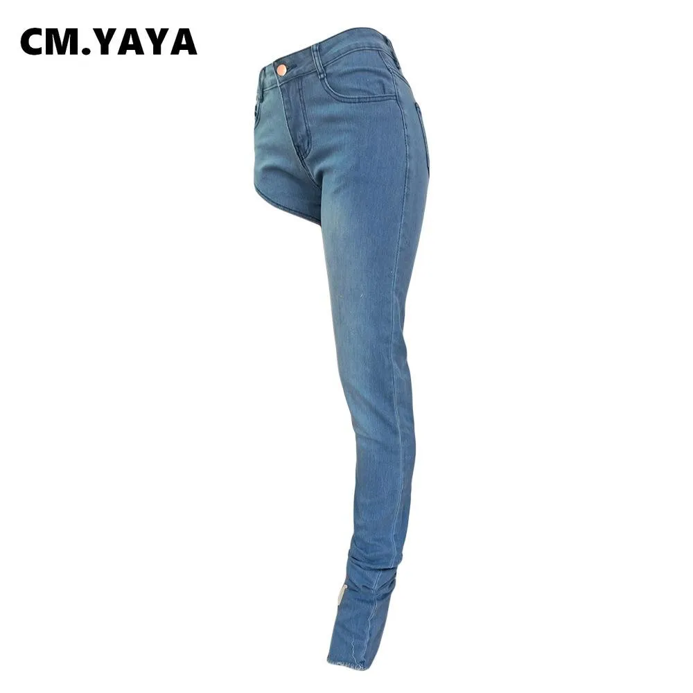 Jeans CM.YAYA Women High Low Irregular High Waist One Leg Jeans 2022 Summer  Streetwear Sexy Party Clubwear Denim Pants Troursers