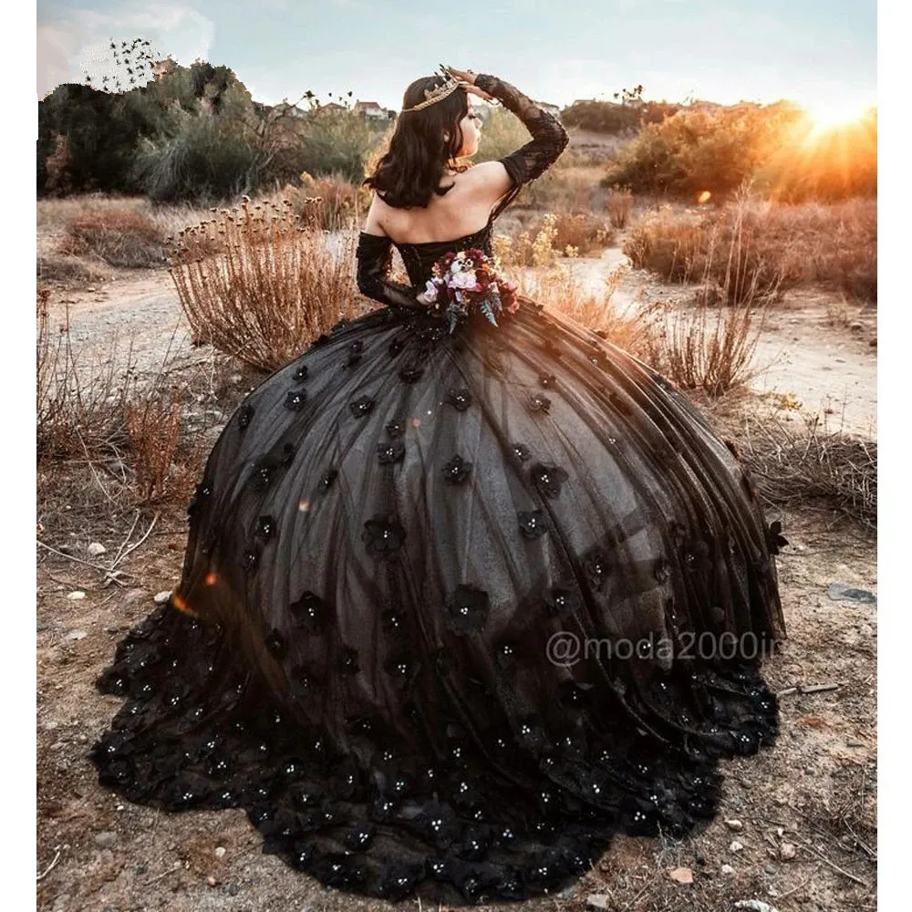 Black Princess Quinceanera Dresses Sparkly Appliques gothic Off Shoulder lace up corset prom Sweet 15 Grils Vestidos De 16