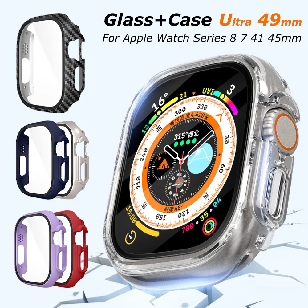 Étui en verre trempé en fibre de carbone pour Apple Watch Ultra 49 mm 41 45 mm 42 44 mm Couvercle transparent imperméable pour Iwatch 8 7 6 5 4 SE