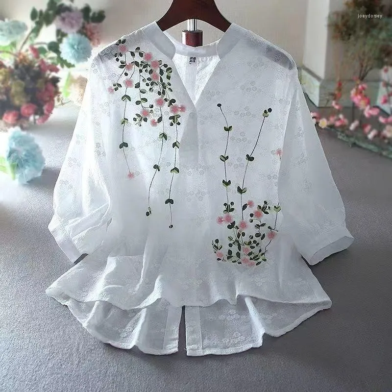 Polo da donna Camicia in cotone letterario Fiori ricamati da donna Camicette da donna Scollo a V Mezza manica Pizzo Estate Top sottile Donna Bianco