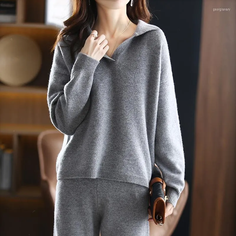 Women's Two Piece Pants Winter 2023 Cashmere Suit Women Loose Lapel Sweater  Temperament Casual Wide-leg Knitted Pure Wool Two-piece