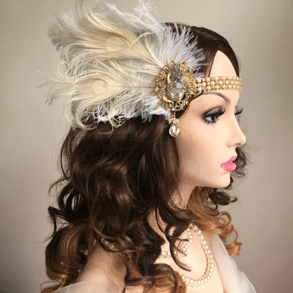 Vintage Feather Headband 1920s Gatsby Style Headpiece With White