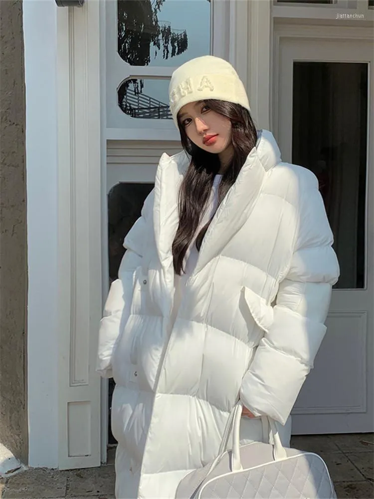 Women's Trench Coats Solid Black White Stand Collar Down Jacket For Women's Winter 2023 Knee Length Thickened Cotton Padded Coat