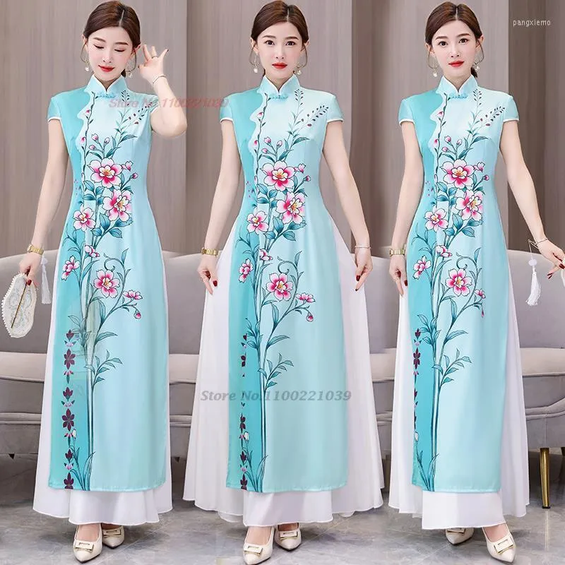 Etniska kläder 2023 ao dai vietnam traditionell klänning kinesisk kväll cheongsam vintage oriental elegant blomma tryck qipao