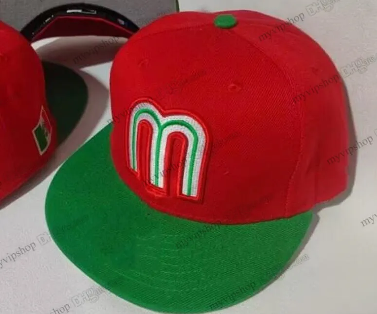 2023 Mens Mexico World Fited Hat Green Top Red Breb Letter M Hip Hop Size Hatts Baseball Caps Vuxen Flat Peak For Men Women Full Closed Cap Mix 7 Färger