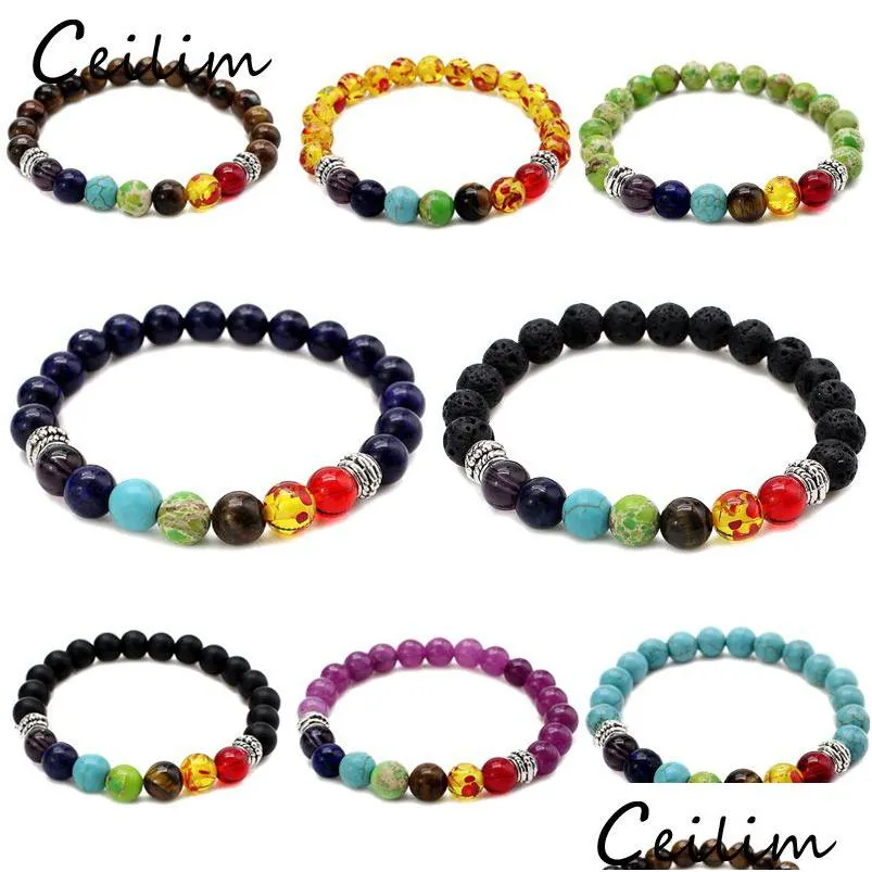 Perline New 7 Chakra Black Lava Men Bracciali Healing Nce Beads Bracciale per le donne Reiki Preghiera Pietra naturale Moda Yoga St Dhgarden Dh0X5