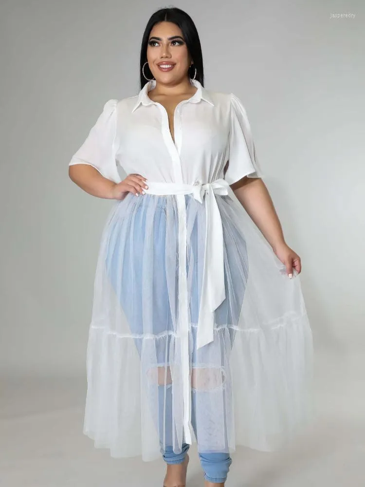 Robes de grande taille chemise col rabattu à manches courtes blanc taille haute Patchwork Midi Tulle tenues pour les femmes robes de soirée décontractées