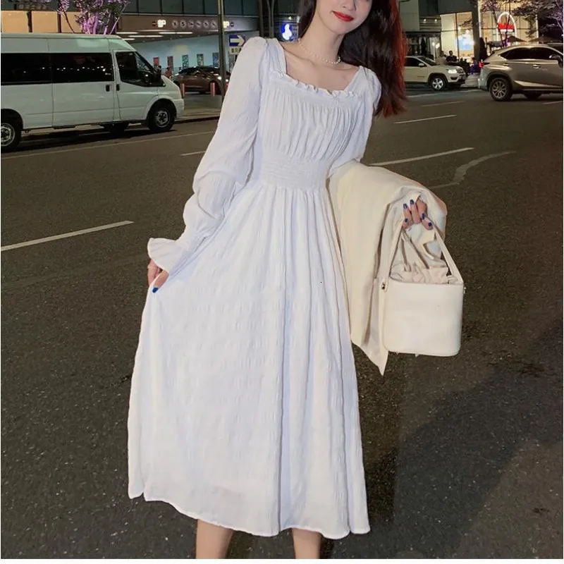 Robes décontractées HOUZHOU Blanc Robe Élégante Femmes Col Carré À Manches Longues Robes Vintage Automne Fée Robe Coréenne Mode Tenues 230512