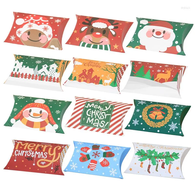 Gift Wrap 12pcs Christmas Pillow Shape Candy Boxes Merry Kraft Paper Box Packging Kids Favors Happy Year Navidad 2023