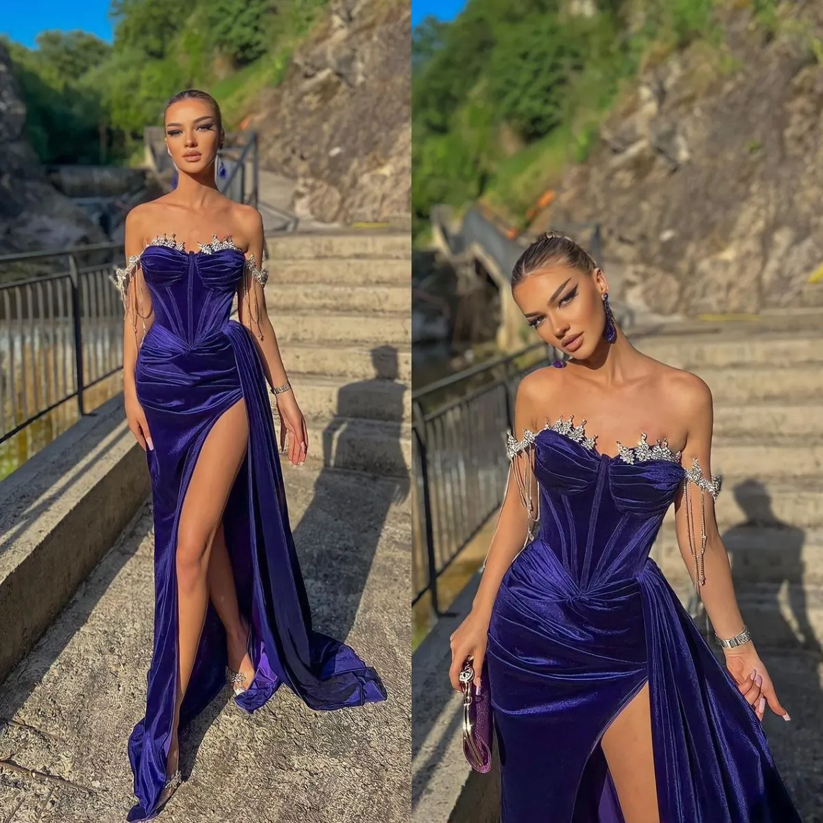 Perlé hors épaule violet robes de bal cuisse fente robe de soirée plis longue robe d'occasion spéciale