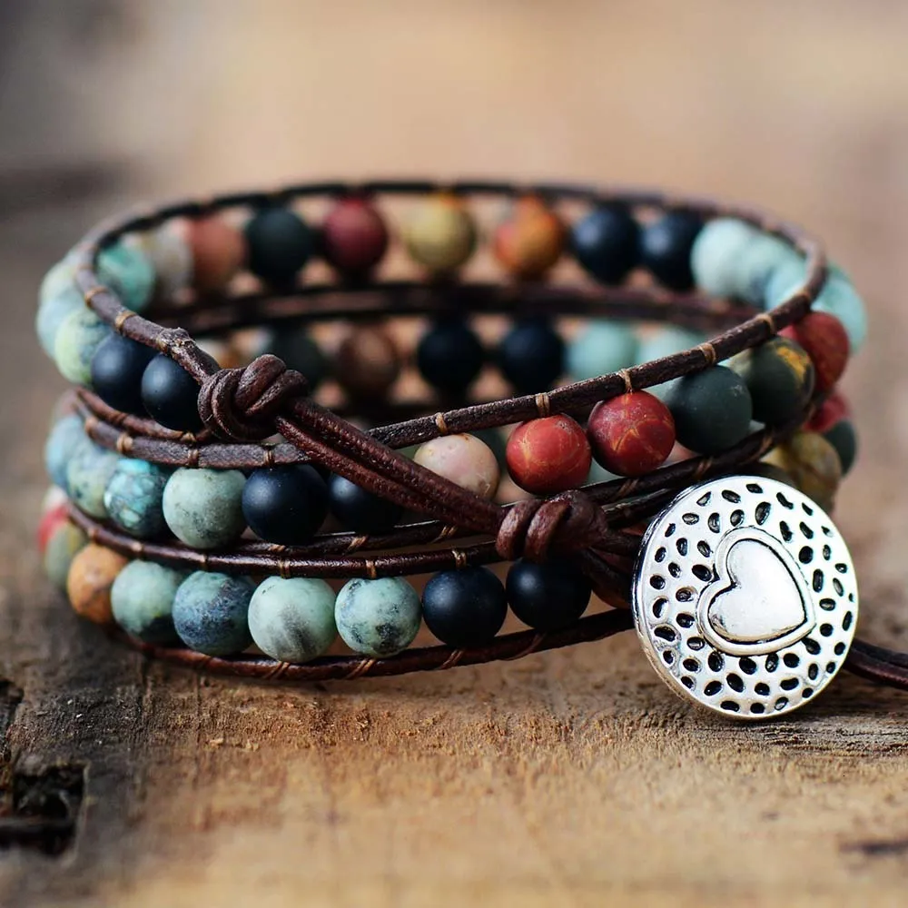 Chain Vintage Leather Bracelets 6MM Matte Stone 3 Strands Wrap Woven Multilayer Boho Bracelet Handmade Jewelry Dropship 230511